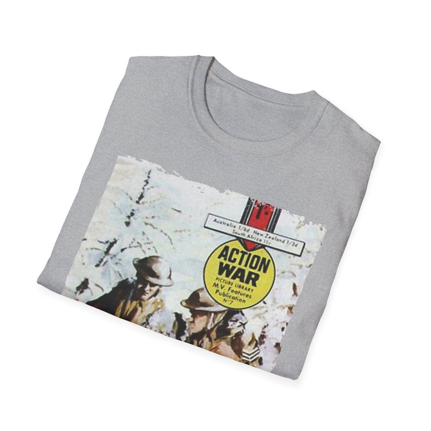 Close-up of the unisex softstyle T-shirt's inside collar tag highlighting fabric blend and relaxed fit details