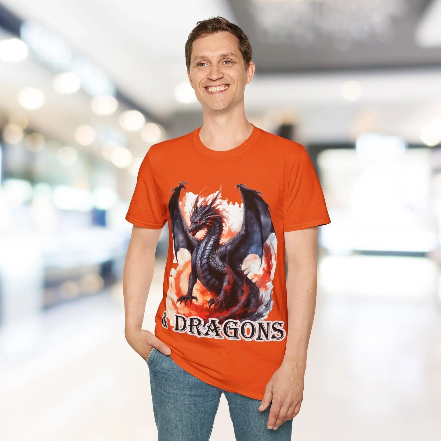 Close-up of the unisex soft collar neckline and subtle chest print on the Heather Navy fabric, highlighting the relaxed fit