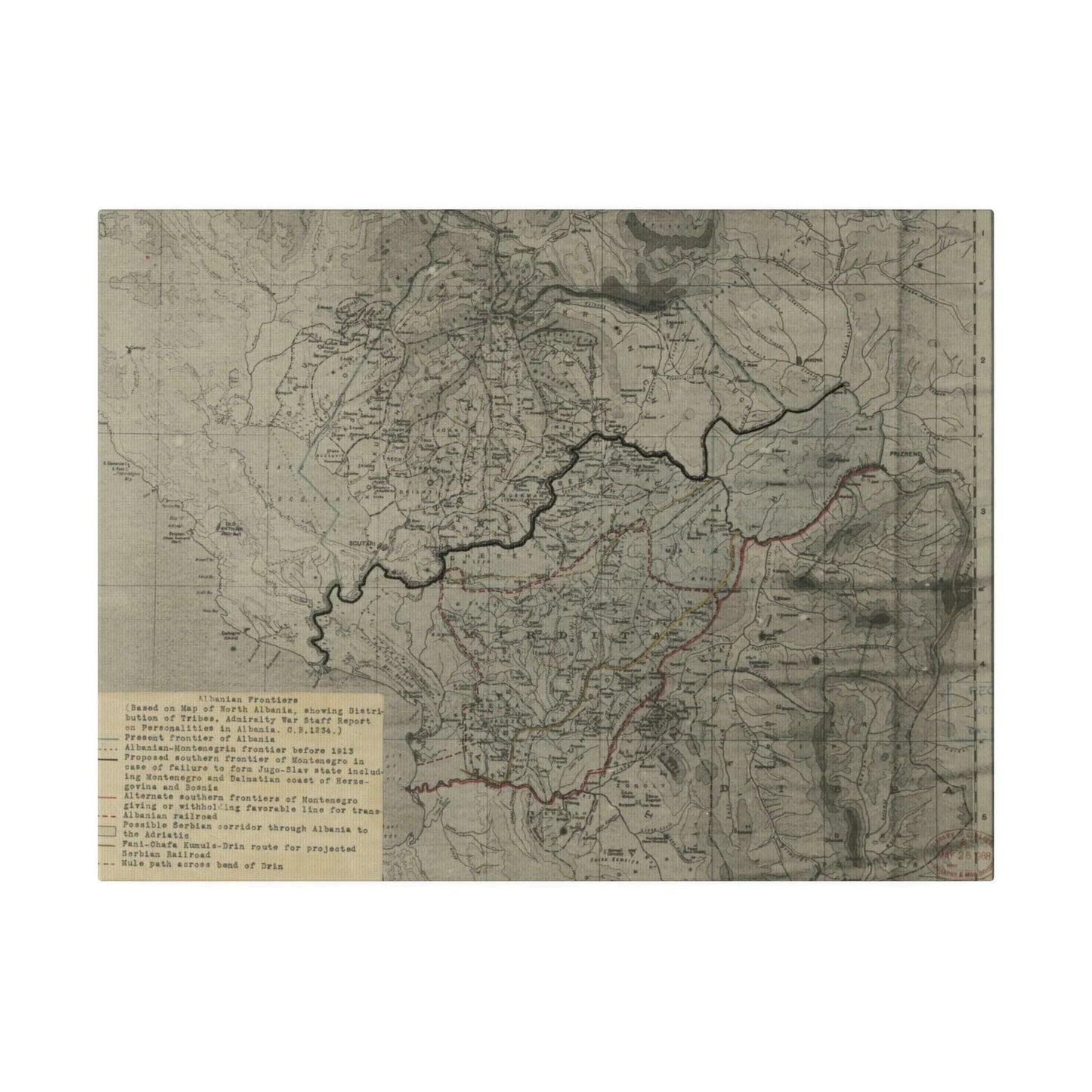 Close-up of textured canvas surface highlighting aged coloration and subtle brushstroke details from a top-left angle.