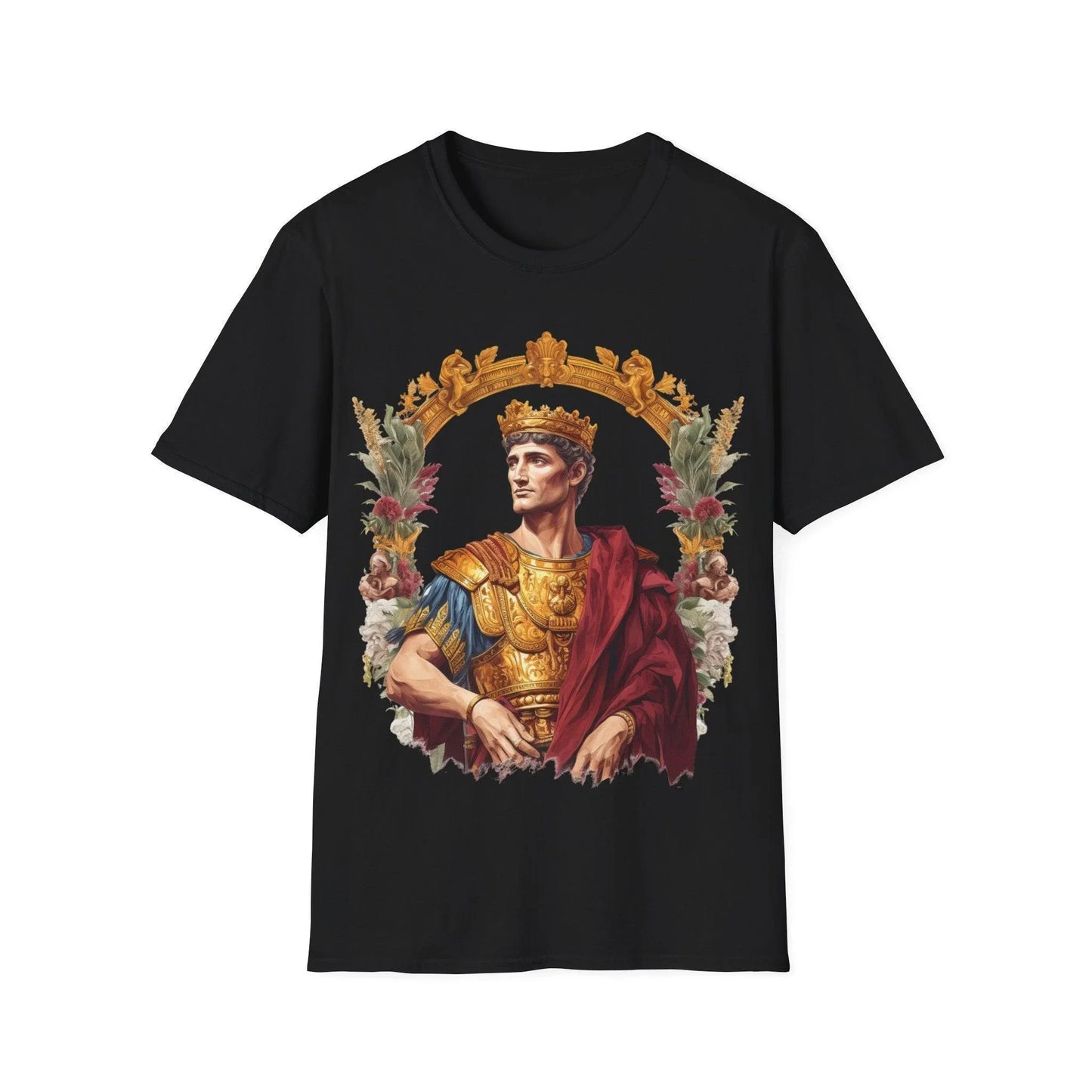 Ancient Emperor unisex cotton crew neck T-shirt in black with relaxed fit and printed design, Printify brand, DTG printed