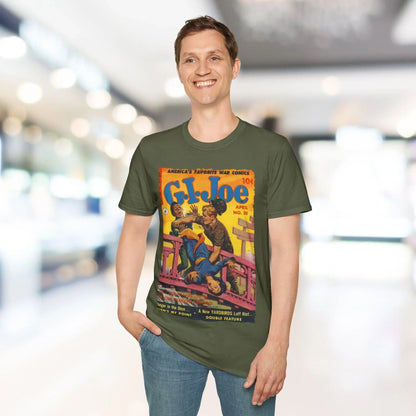 Close-up of the G.I. Joe No.30 softstyle T-shirt fabric showing smooth cotton blend texture and vibrant navy color from a