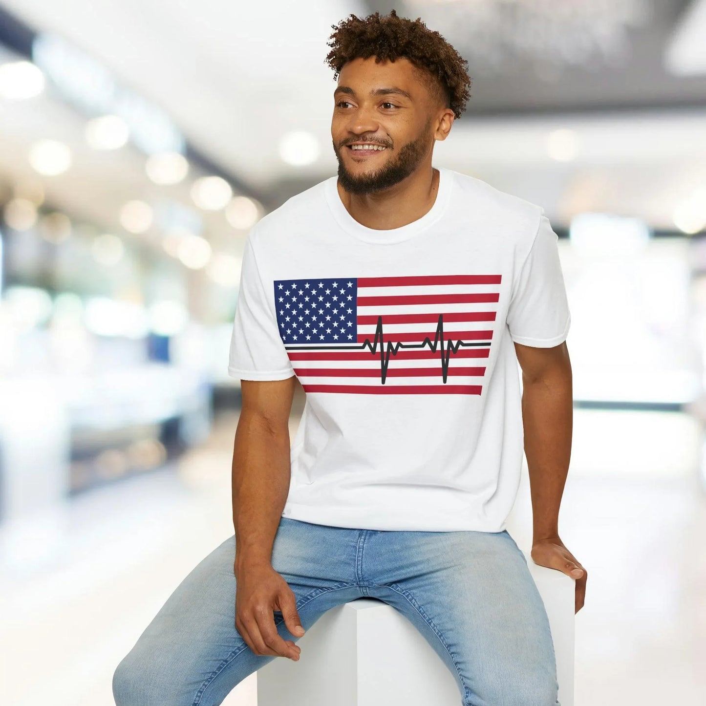 Close-up of the American Flag Heartbeat design on the chest area, showcasing vibrant print details and smooth fabric texture.