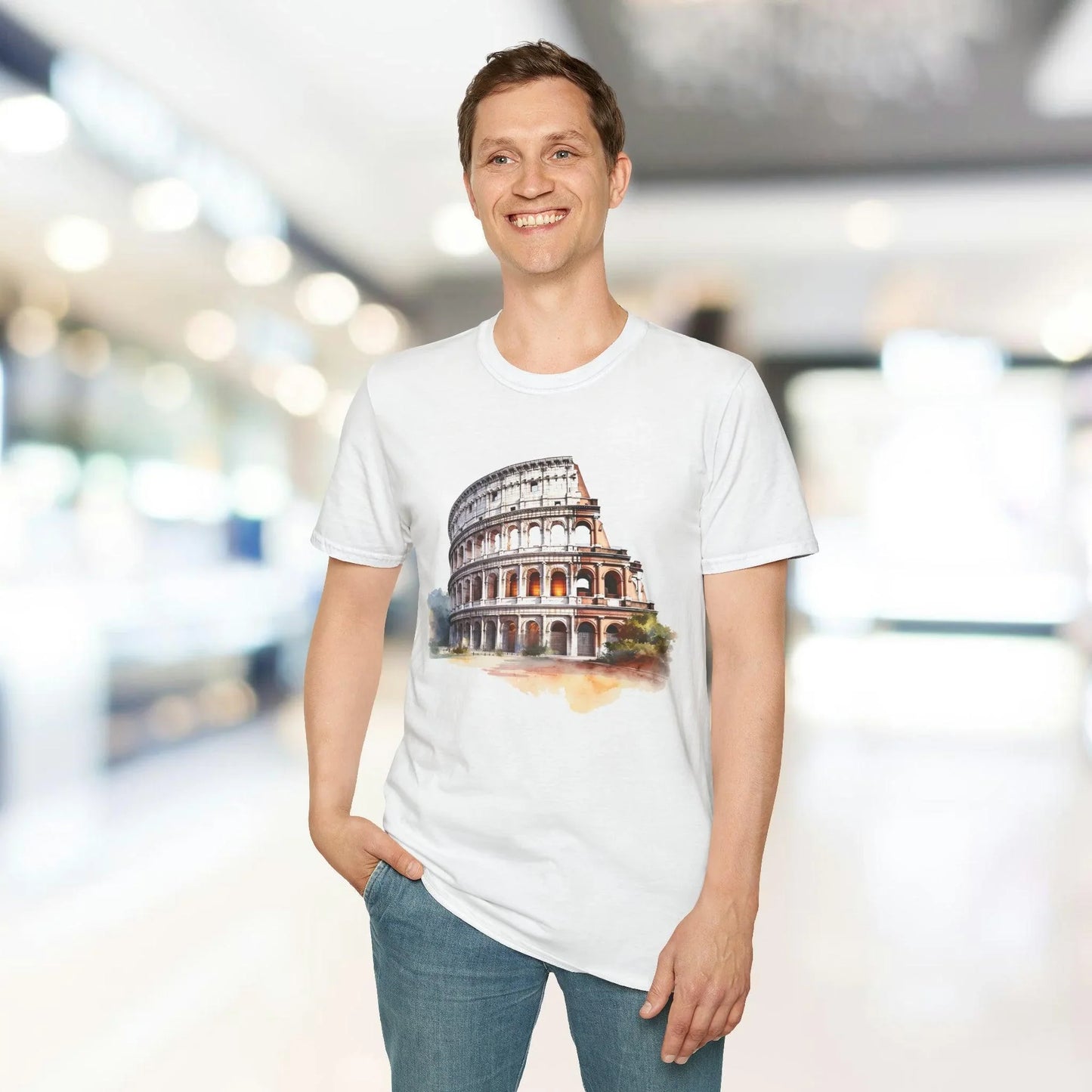 Close-up of the unisex softstyle fabric displaying smooth texture and relaxed fit in deep charcoal, highlighting neckline