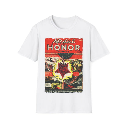 Close-up of the unisex softstyle T-shirt's crew neckline with visible stitching, in heather gray fabric and relaxed fit.