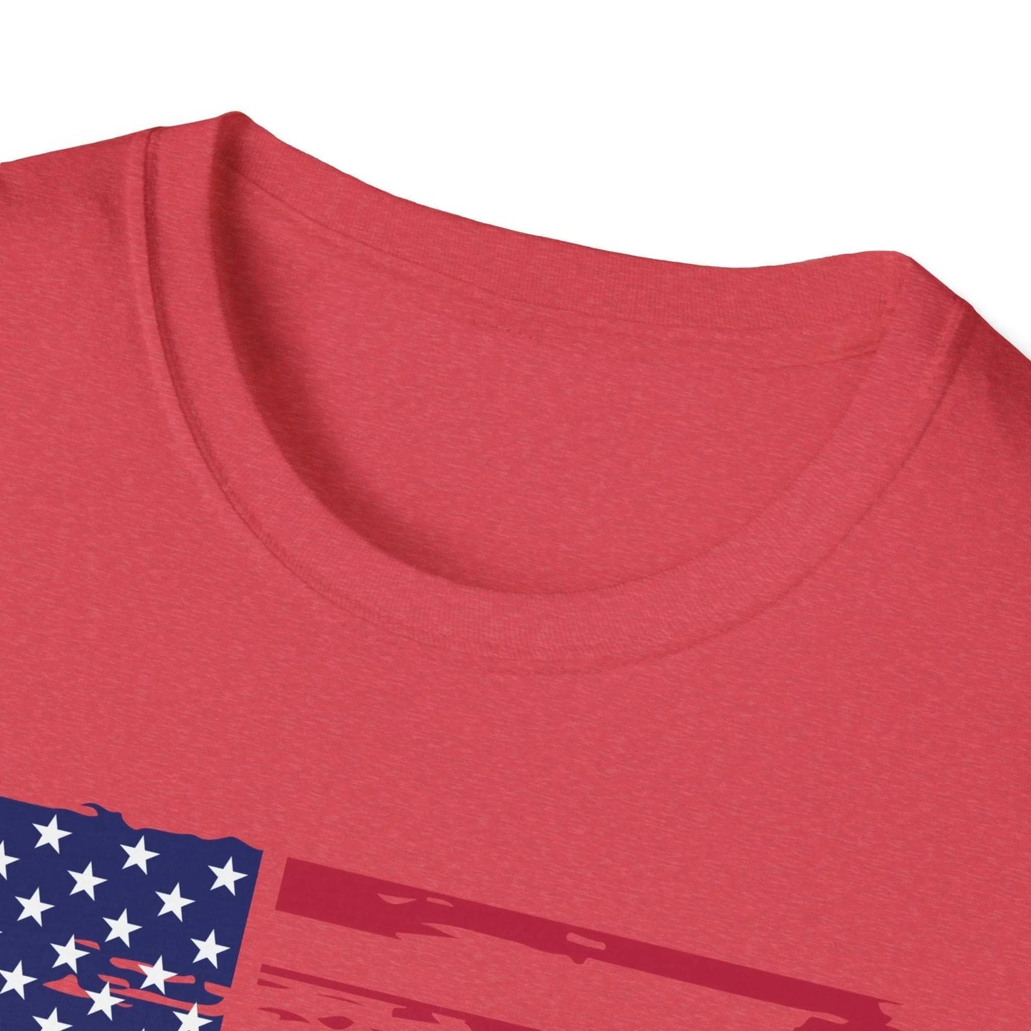 Close-up of distressed American flag design on soft cotton fabric showcasing vibrant colors and textured print detail.