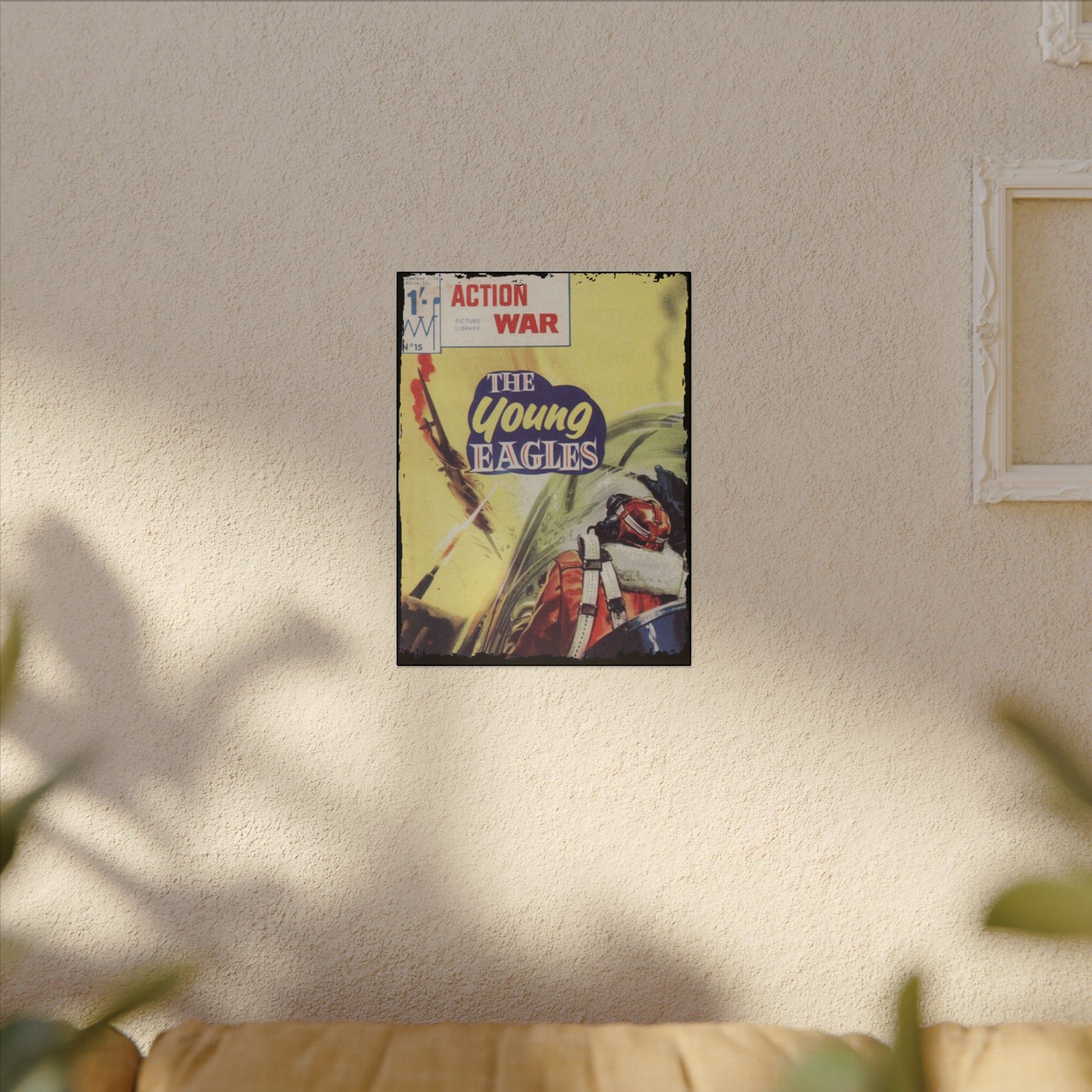 Close-up of the Canvas print’s textured brushstroke details and vibrant color accents highlighting vintage comic style