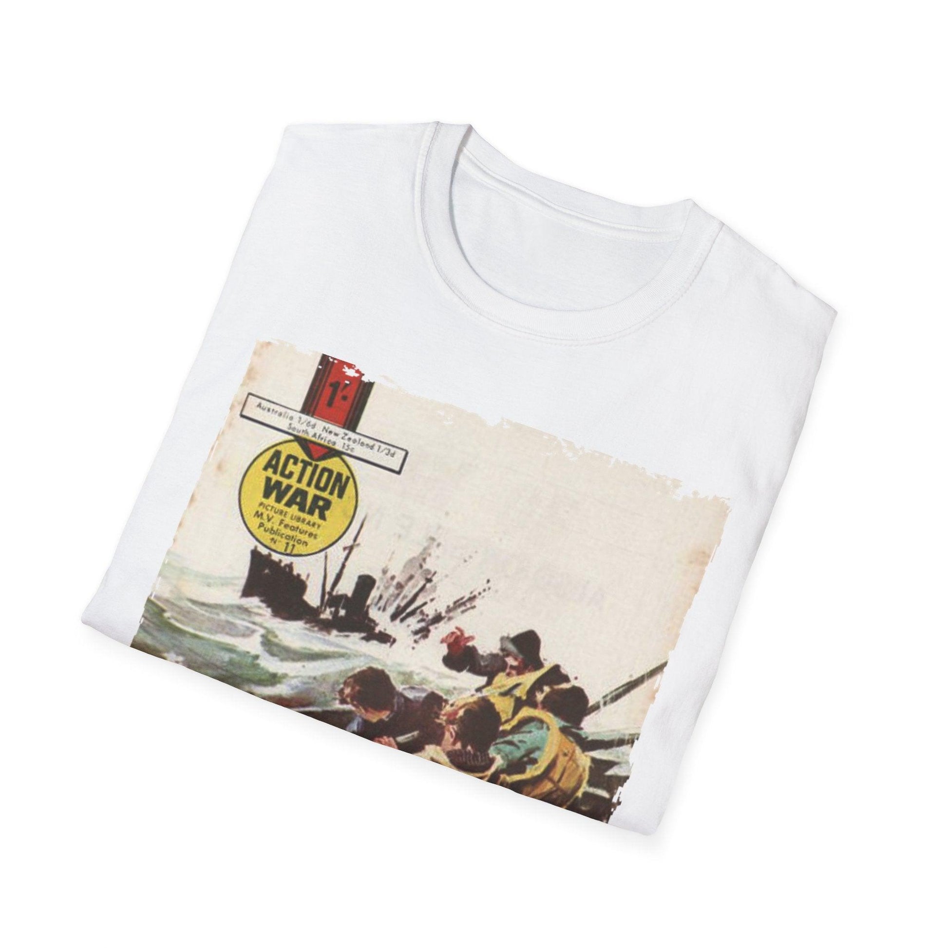 Close-up of the unisex softstyle T-shirt's fabric weave highlighting its smooth, relaxed fit, and vibrant teal color from a