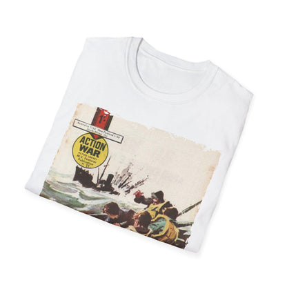 Close-up of the unisex softstyle T-shirt's fabric weave highlighting its smooth, relaxed fit, and vibrant teal color from a