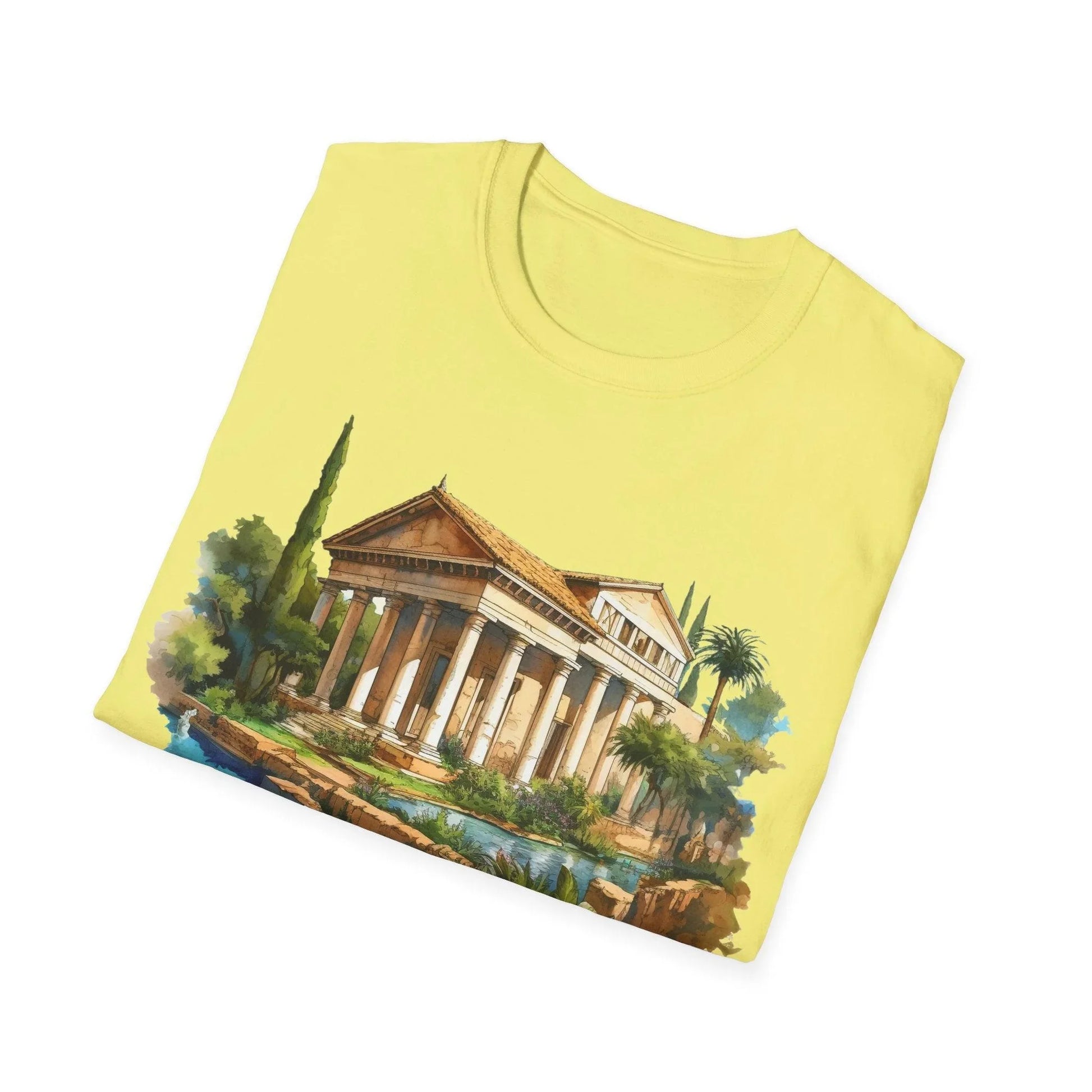 Close-up of the unisex softstyle fabric label on the chest, highlighting the smooth cotton-polyester blend and relaxed fit