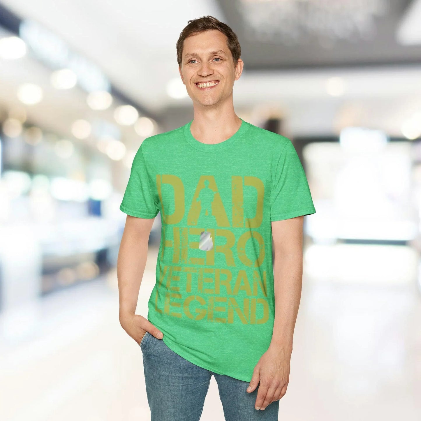 Close-up of the unisex softstyle fabric displaying heather gray color, subtle texture, and reinforced neckline stitching