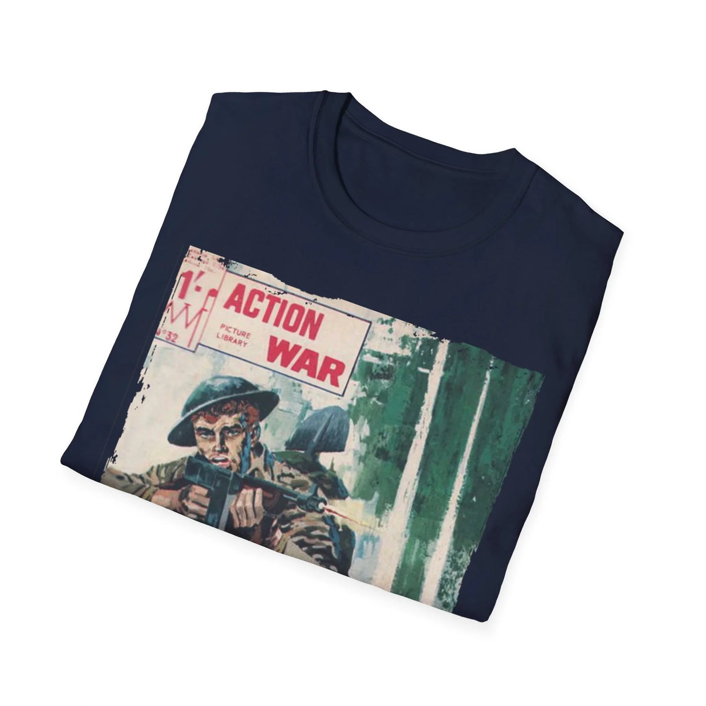 Close-up of the unisex softstyle T-shirt’s smooth, heathered navy fabric showing relaxed fit and subtle textured pattern