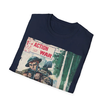 Close-up of the unisex softstyle T-shirt’s smooth, heathered navy fabric showing relaxed fit and subtle textured pattern