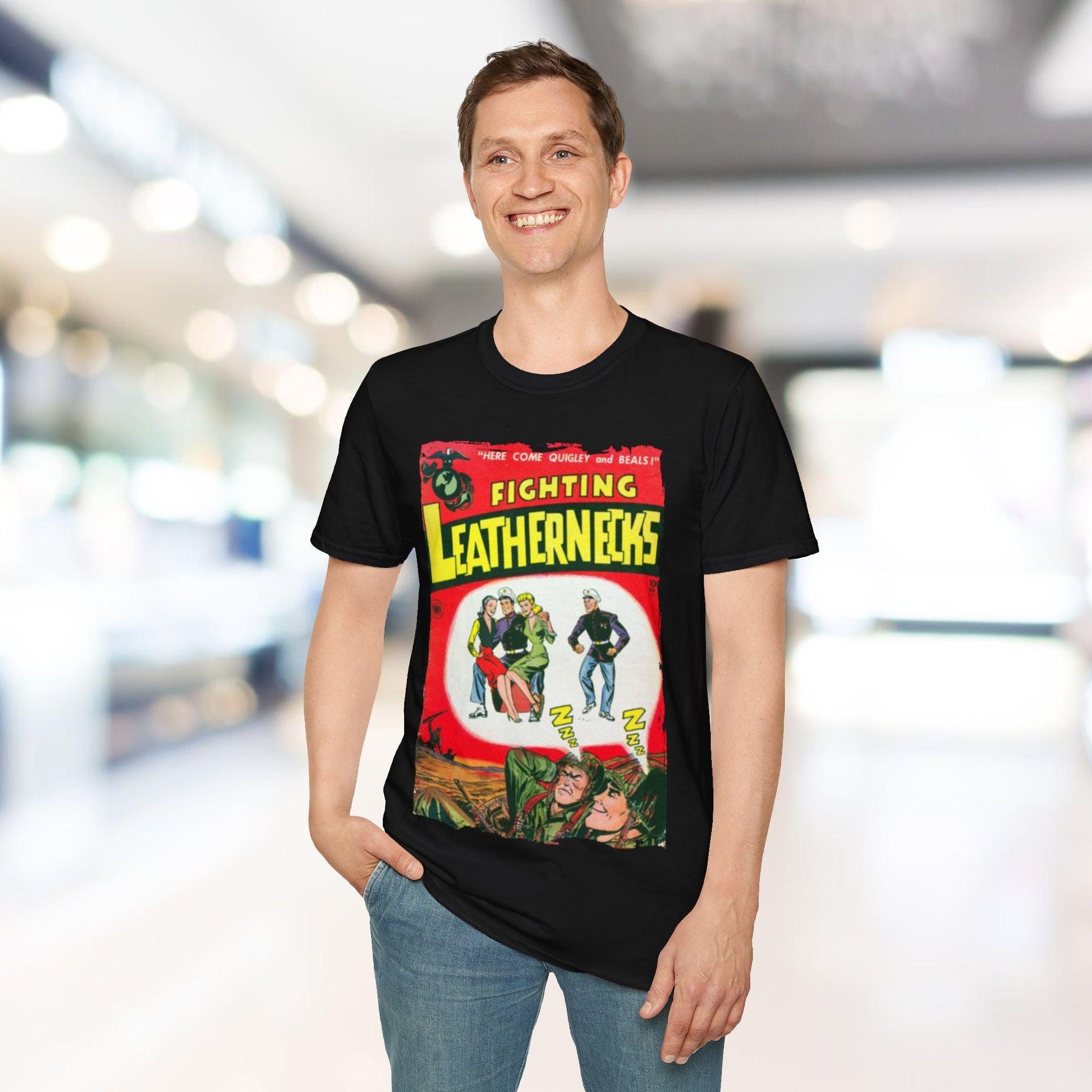 Front chest detail showing Fighting Leathernecks #4 embroidery on the relaxed-fit olive green unisex T-shirt with crew