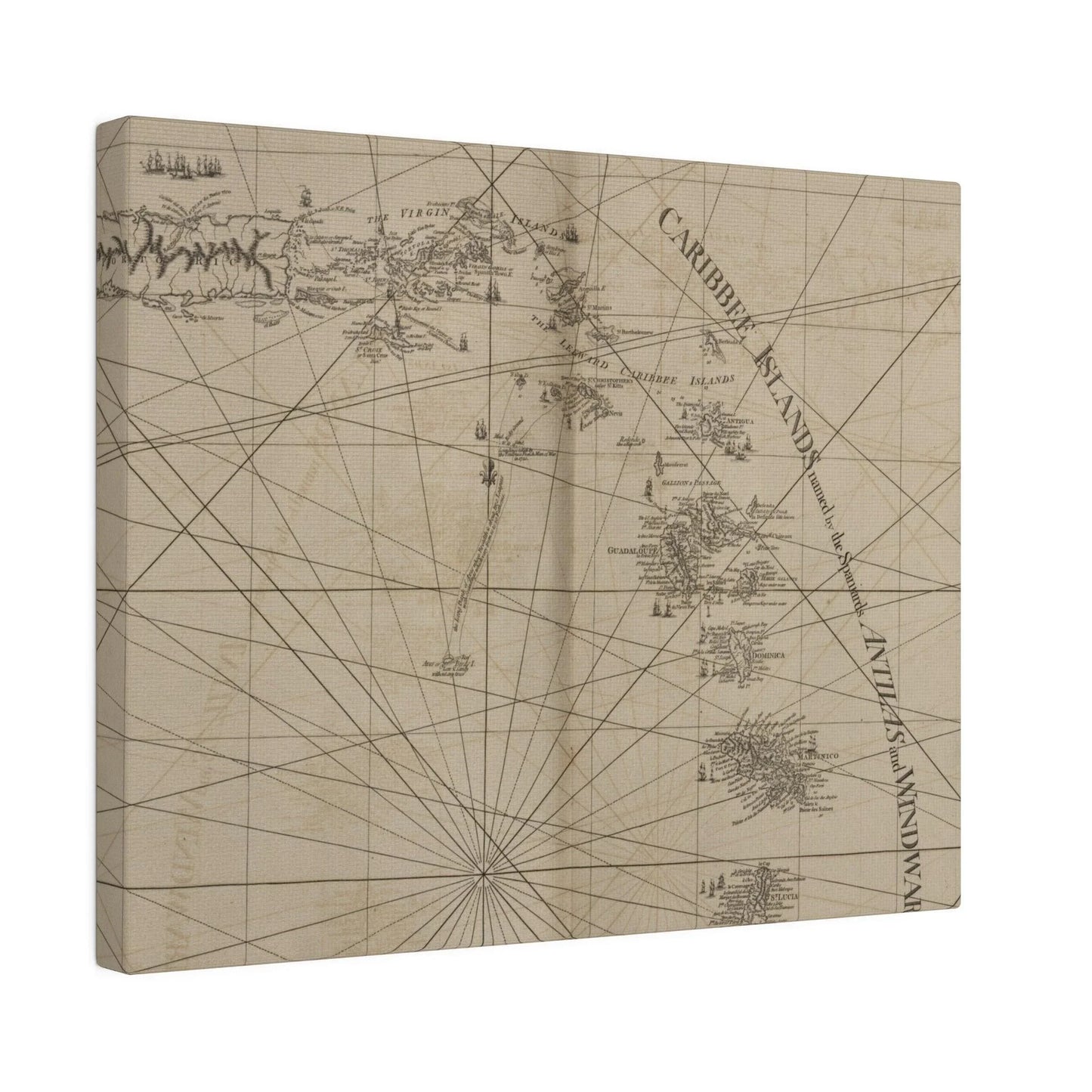 Close-up of vibrant canvas fabric featuring detailed map outlines of Caribbee Island and Virgin Islands with textured stitch