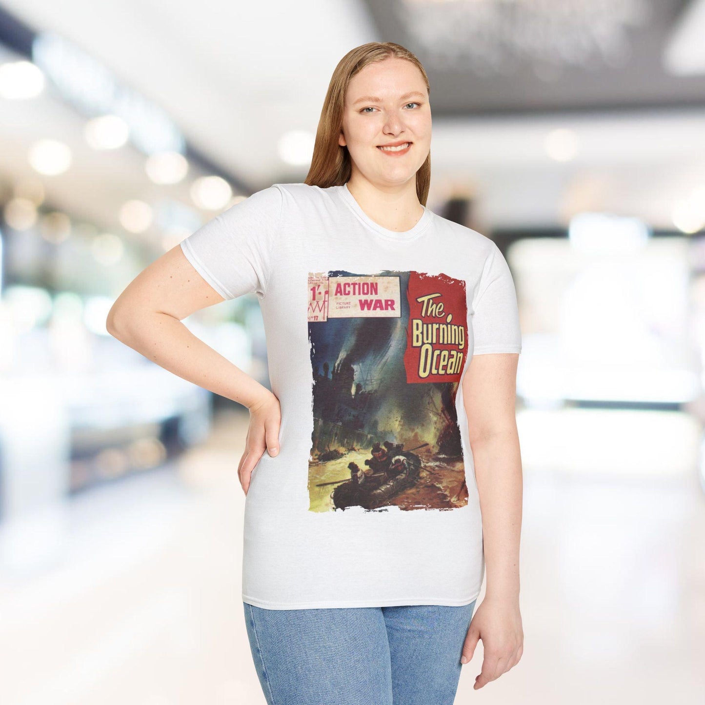 Close-up of the unisex softstyle T-shirt’s collar showcasing the reinforced rib-knit neckline and smooth fabric texture in