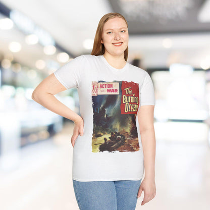 Close-up of the unisex softstyle T-shirt’s collar showcasing the reinforced rib-knit neckline and smooth fabric texture in