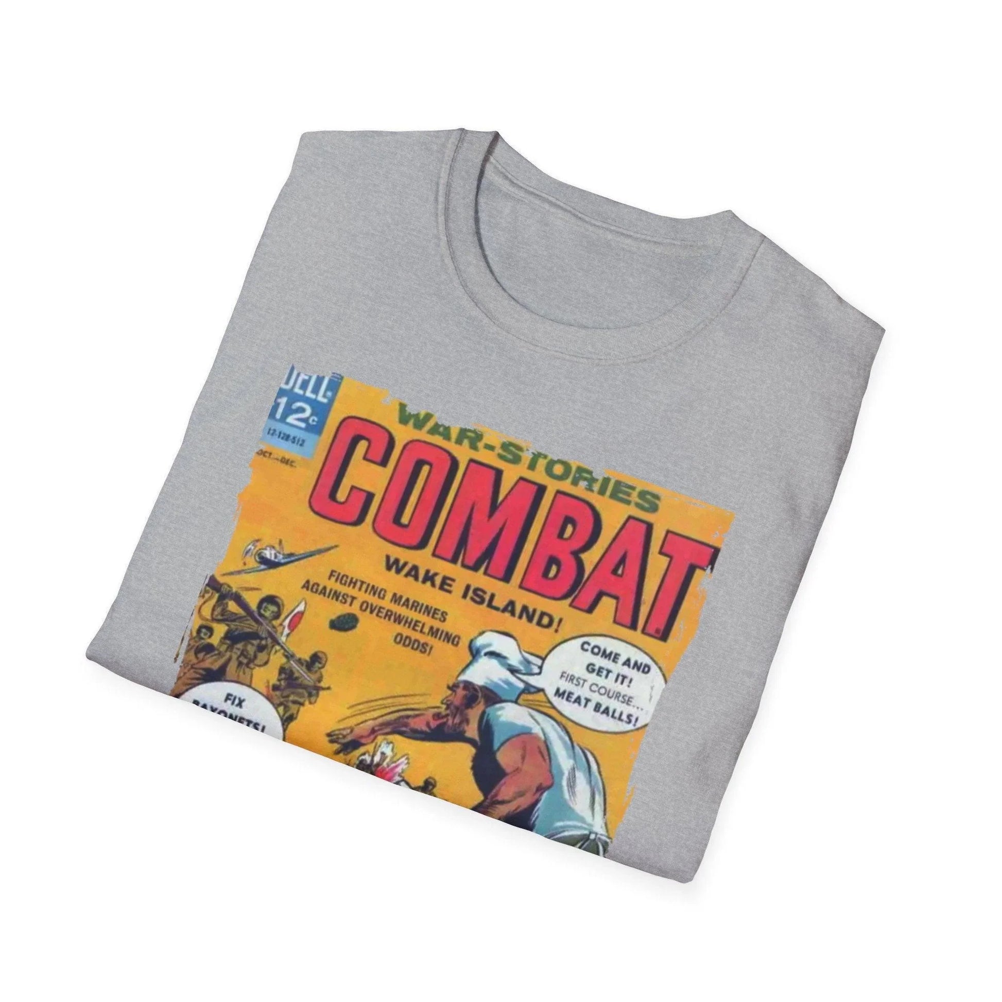 Close-up of the Combat Oct 1965 unisex softstyle T-shirt's subtle printed logo on the sleeve cuff in relaxed fit, navy blue