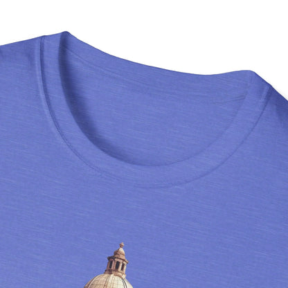 Close-up of the unisex softstyle T-shirt’s navy fabric showing subtle heather texture and reinforced neckline stitching