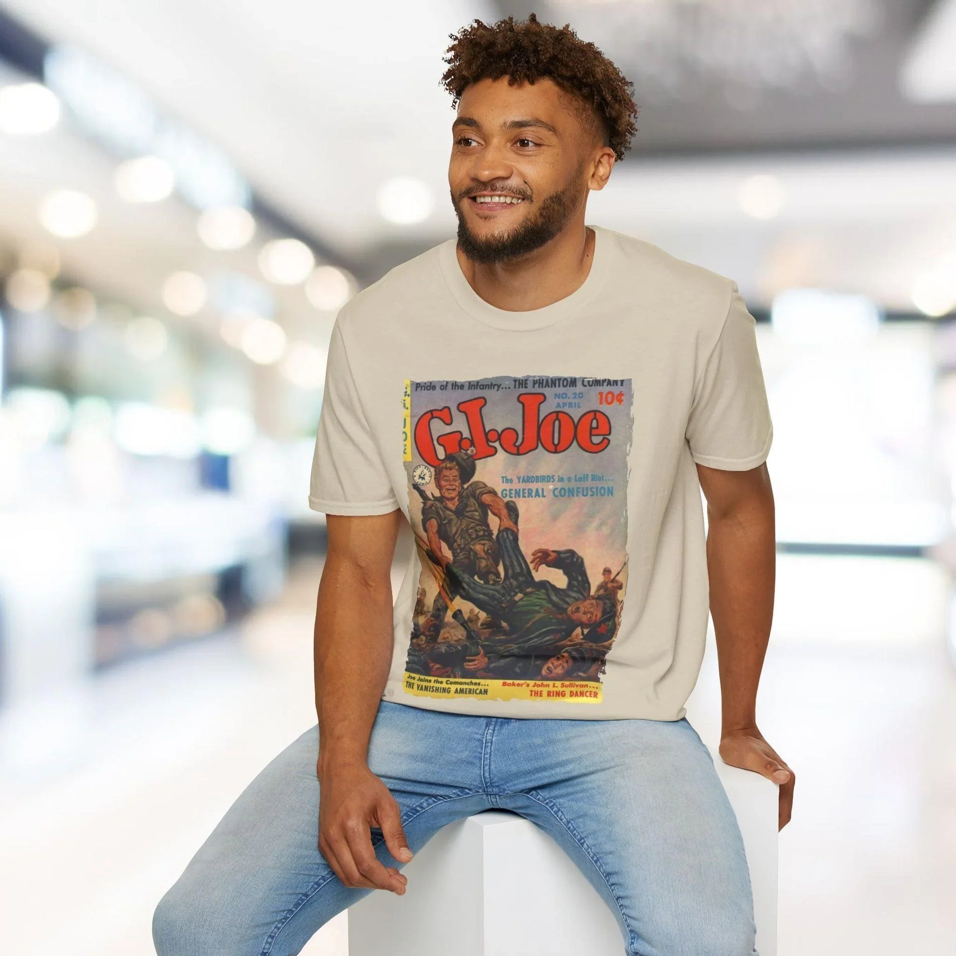 Close-up of the G.I. Joe No.20 unisex fitted softstyle T-shirt's fabric texture and navy color, highlighting the smooth