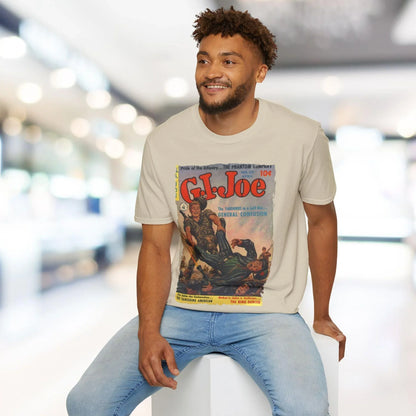 Close-up of the G.I. Joe No.20 unisex fitted softstyle T-shirt's fabric texture and navy color, highlighting the smooth