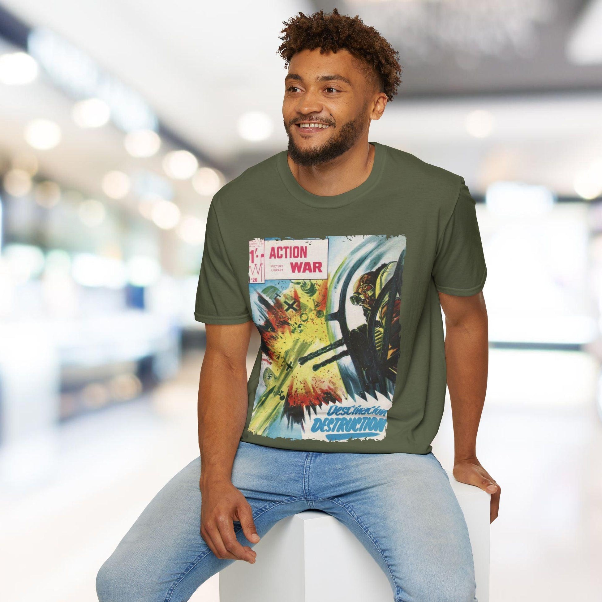 Close-up of the unisex softstyle T-shirt's relaxed fit and deep navy color, highlighting the smooth cotton fabric texture