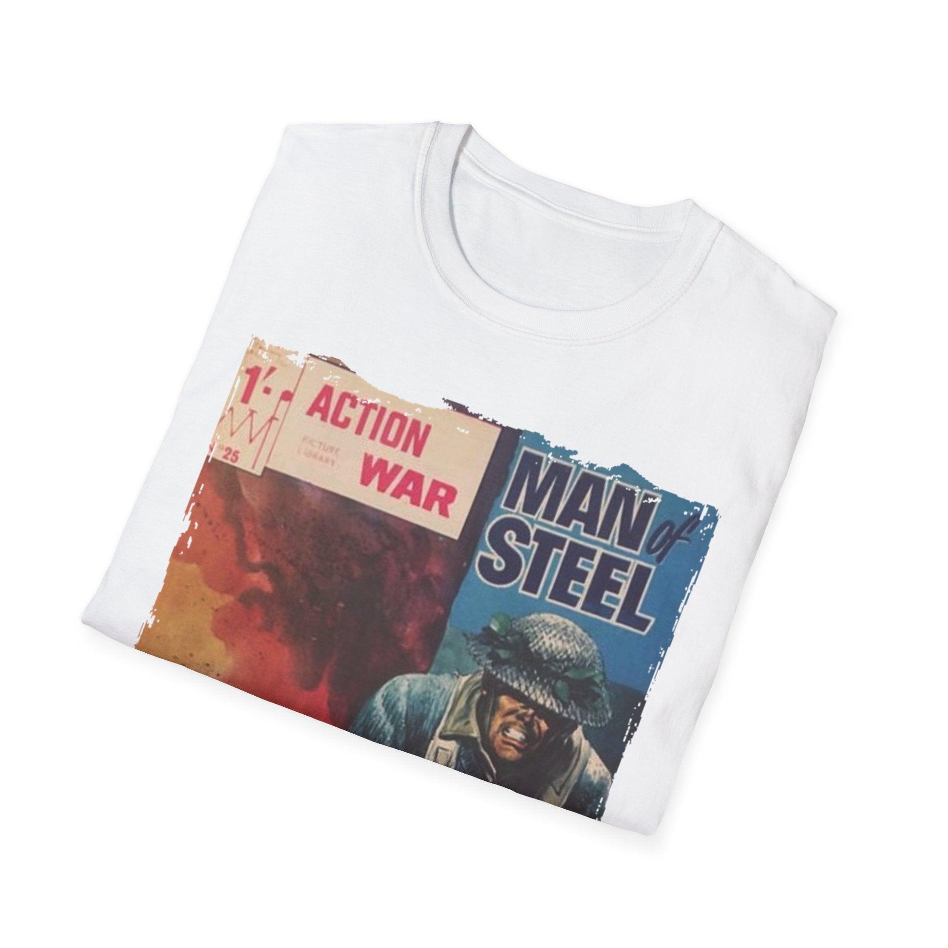 Close-up of the soft, heathered navy fabric with visible stitching and relaxed fit neckline on the Action War #25 T-shirt