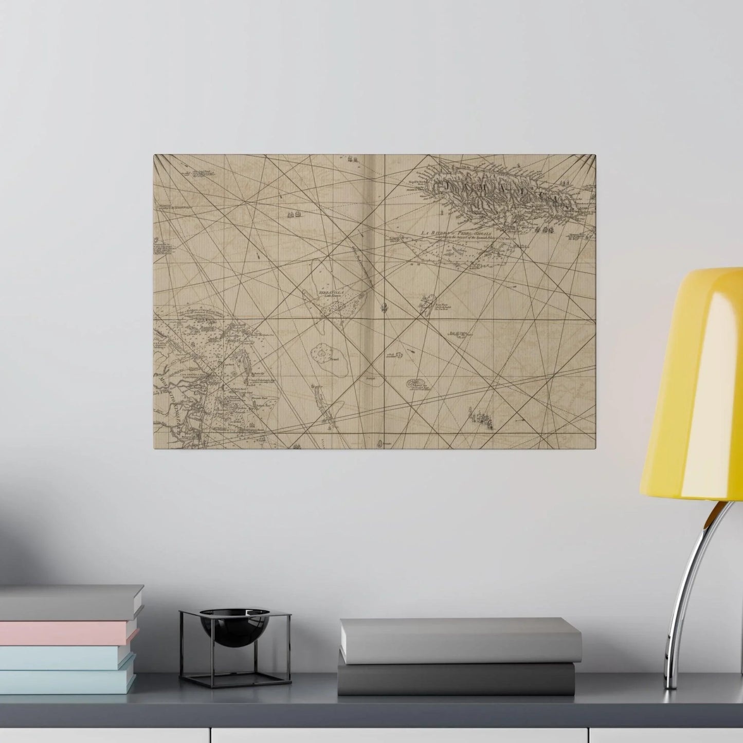 Close-up of textured canvas surface highlighting the detailed print of Jamaica's coastline and Cape Gracias a Rios in