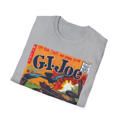 Close-up of the G.I. Joe No.42 softstyle T-shirt's ribbed crew neckline and smooth fabric texture in vibrant navy color