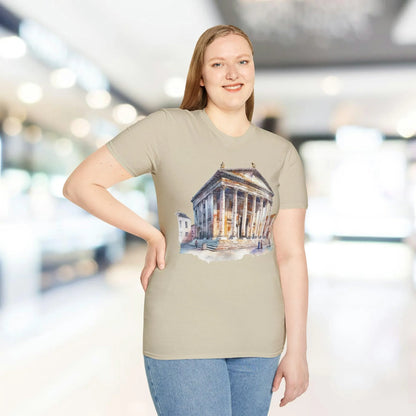 Close-up of the unisex soft cotton fabric showing subtle heather texture and relaxed fit neckline from a slightly angled