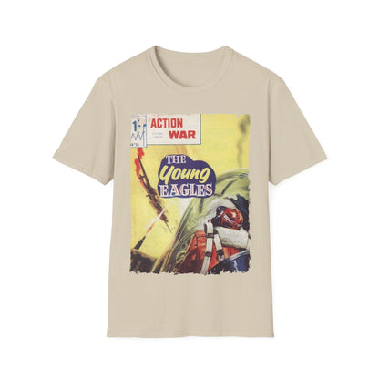 Close-up of the unisex softstyle fabric showing smooth texture and reinforced neckline stitching from a front angle.