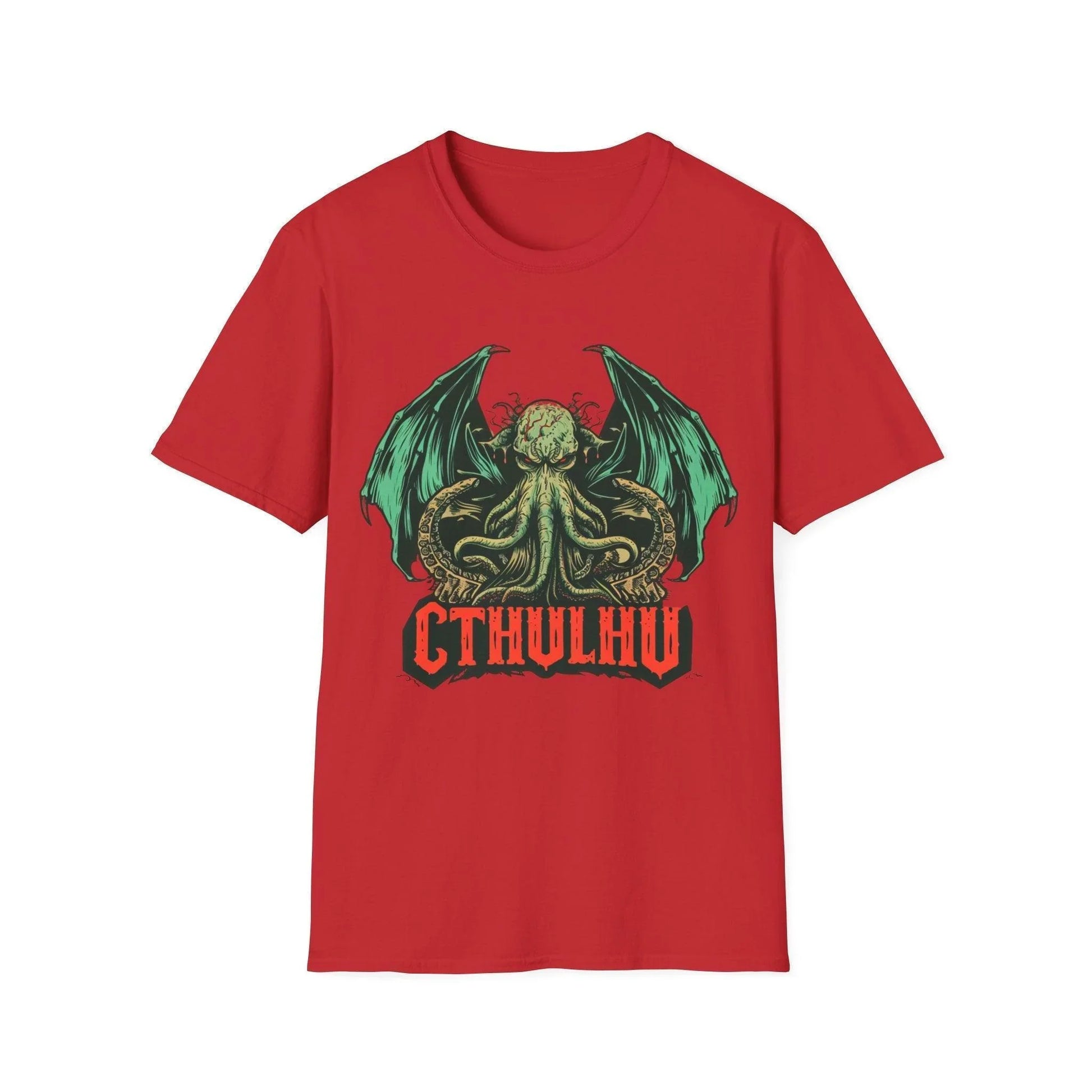 Close-up of Cthulhu graphic on chest area showcasing detailed ink design and vibrant teal color on the soft charcoal gray