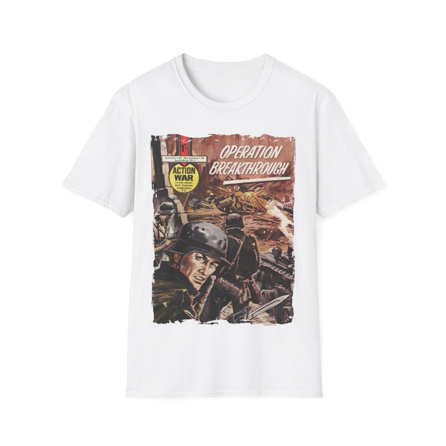 Close-up of the unisex softstyle T-shirt's collar with reinforced stitching and a small Action War logo label at the