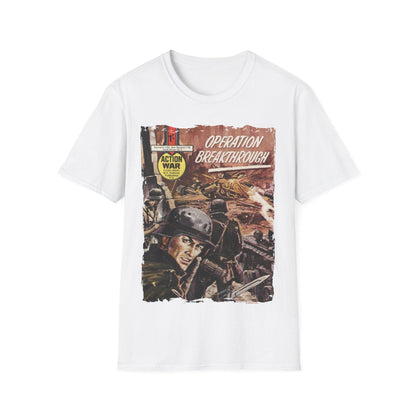 Close-up of the unisex softstyle T-shirt's collar with reinforced stitching and a small Action War logo label at the