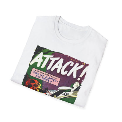 Close-up of the Attack! No. 5 unisex softstyle T-shirt neckline showing reinforced stitching and vibrant deep navy color