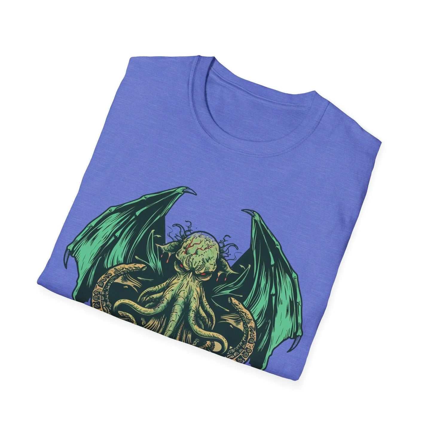 Close-up of Cthulhu graphic printing on the chest area, highlighting vibrant teal and purple ink on soft heather gray fabric.