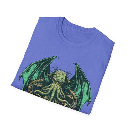 Close-up of Cthulhu graphic printing on the chest area, highlighting vibrant teal and purple ink on soft heather gray fabric.