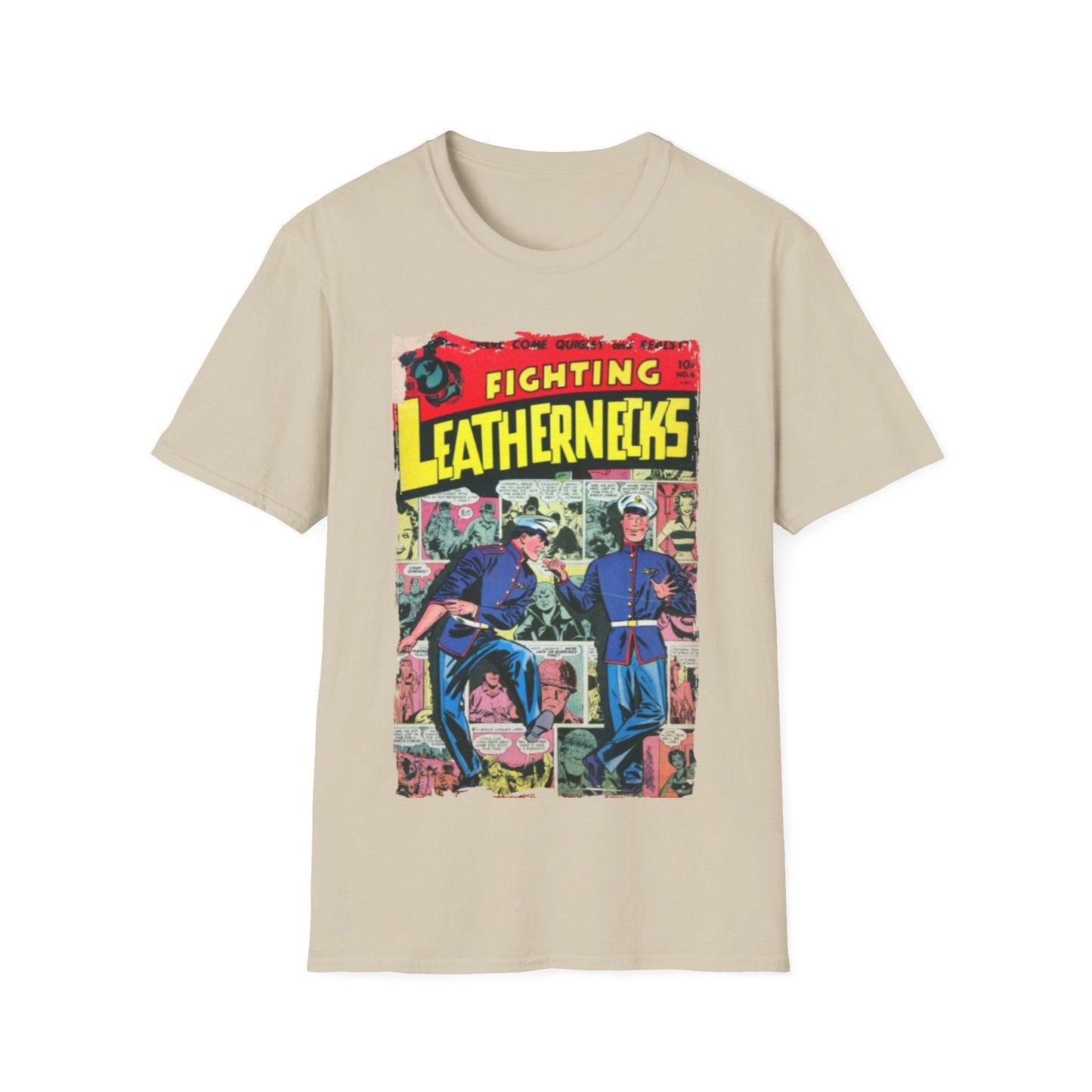 Close-up of the unisex softstyle T-shirt's comfortable crew neckline and neatly stitched collar in deep navy color.