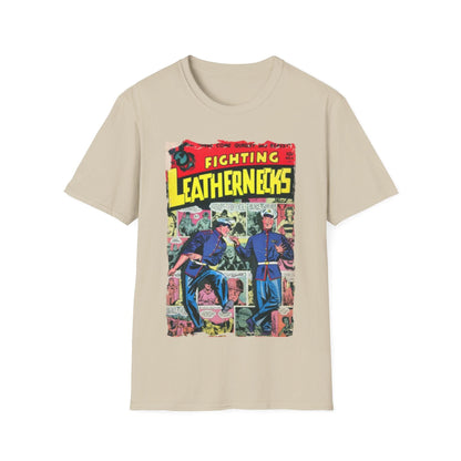 Close-up of the unisex softstyle T-shirt's comfortable crew neckline and neatly stitched collar in deep navy color.