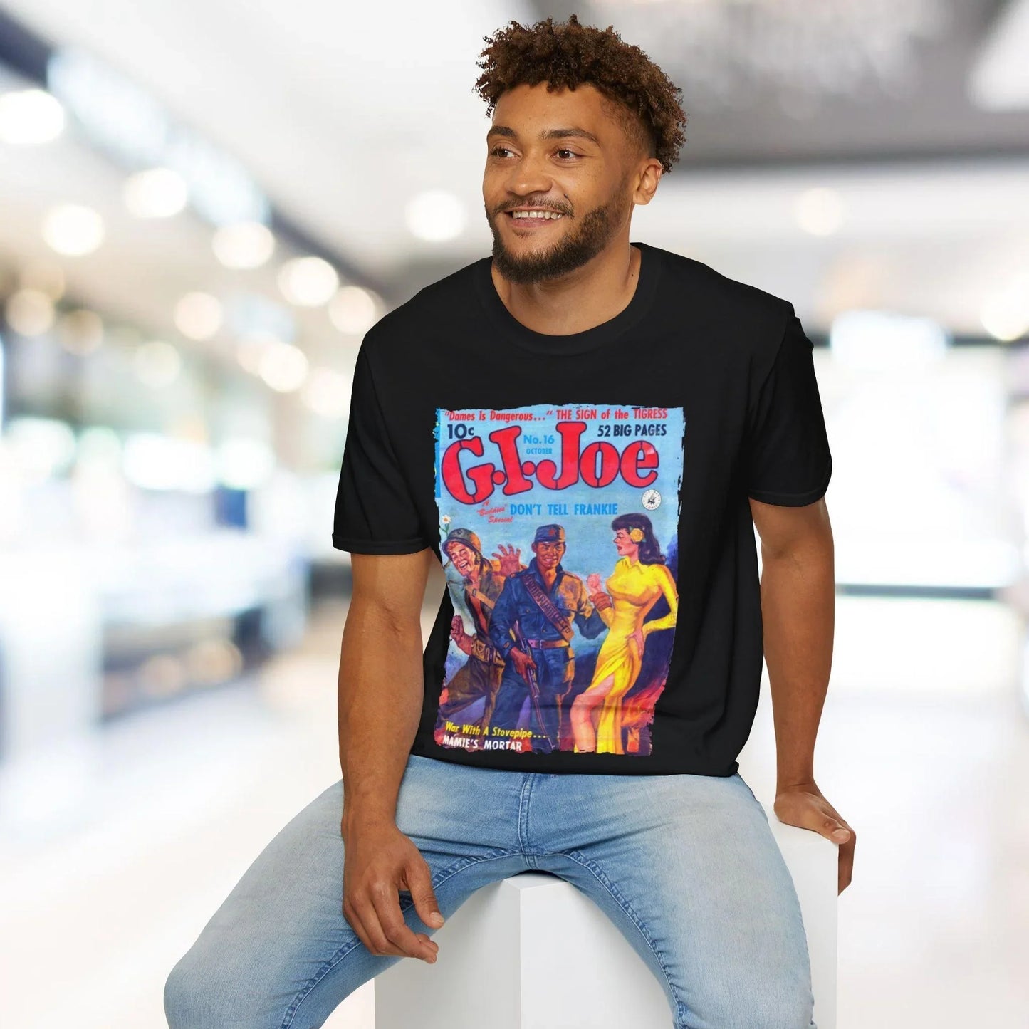 Close-up of the G.I. Joe No.16 softstyle T-shirt's vibrant navy fabric and smooth knit texture at the sleeve cuff