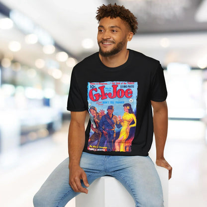 Close-up of the G.I. Joe No.16 softstyle T-shirt's vibrant navy fabric and smooth knit texture at the sleeve cuff