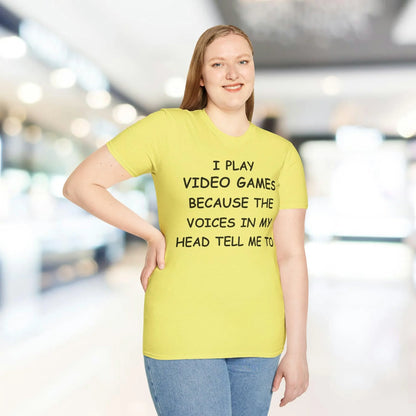 Close-up of the black unisex softstyle T-shirt's reinforced crew neckline and smooth fabric texture from a slightly lower