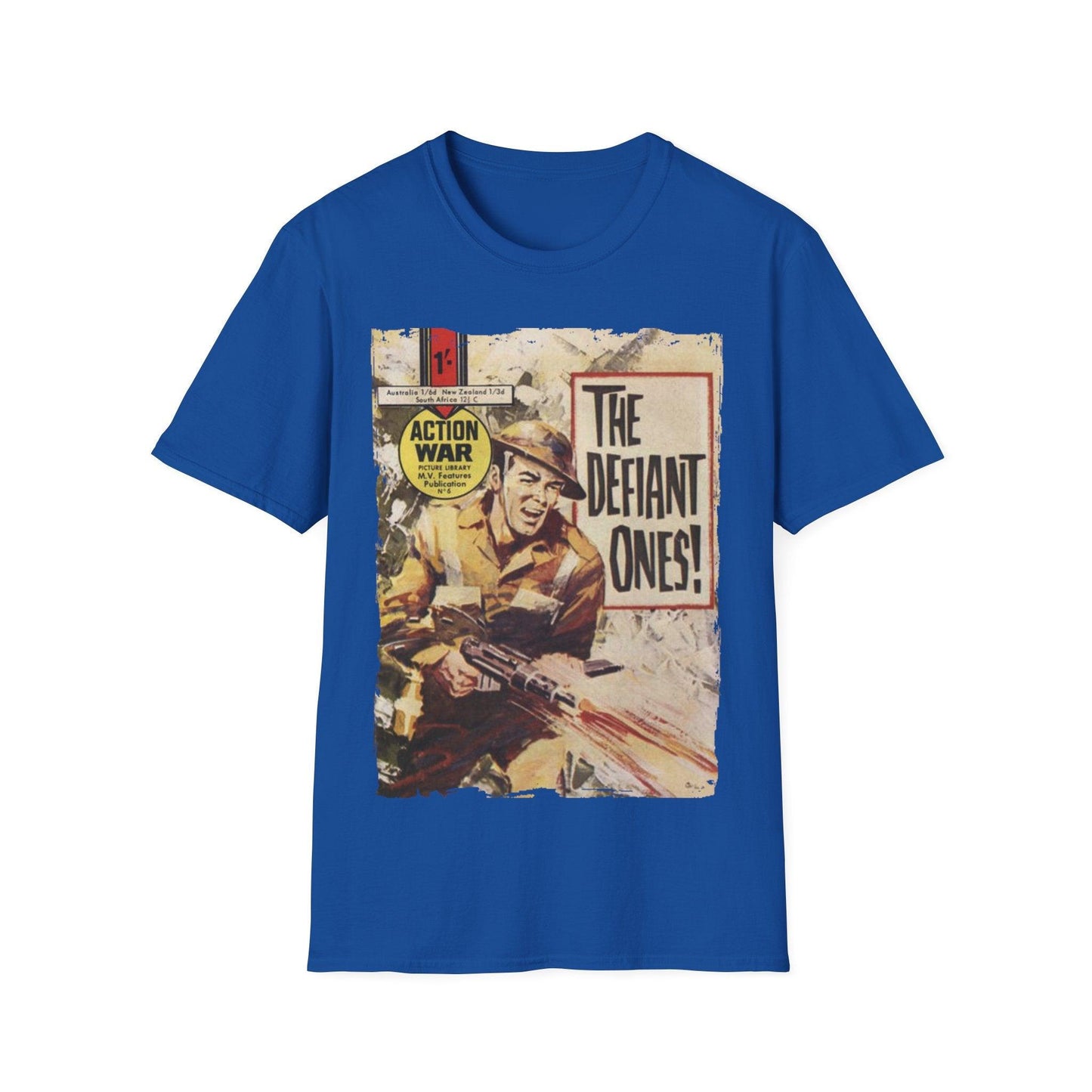 Close-up of the unisex softstyle T-shirt’s vibrant teal fabric and smooth crew neckline, highlighting its relaxed fit and