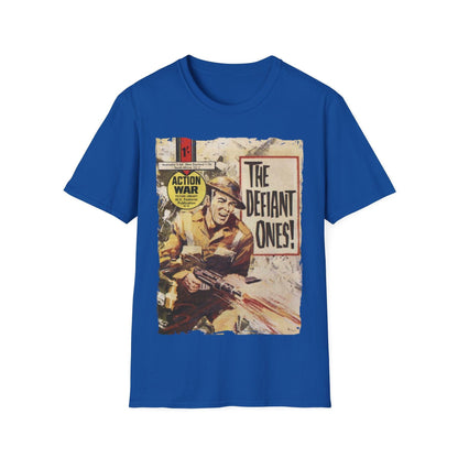 Close-up of the unisex softstyle T-shirt’s vibrant teal fabric and smooth crew neckline, highlighting its relaxed fit and