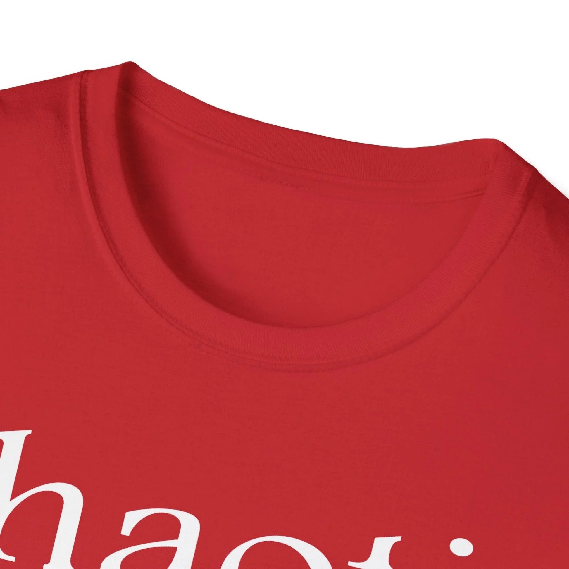 Close-up of the white unisex softstyle t-shirt’s collar seam highlighting smooth stitching and fabric elasticity