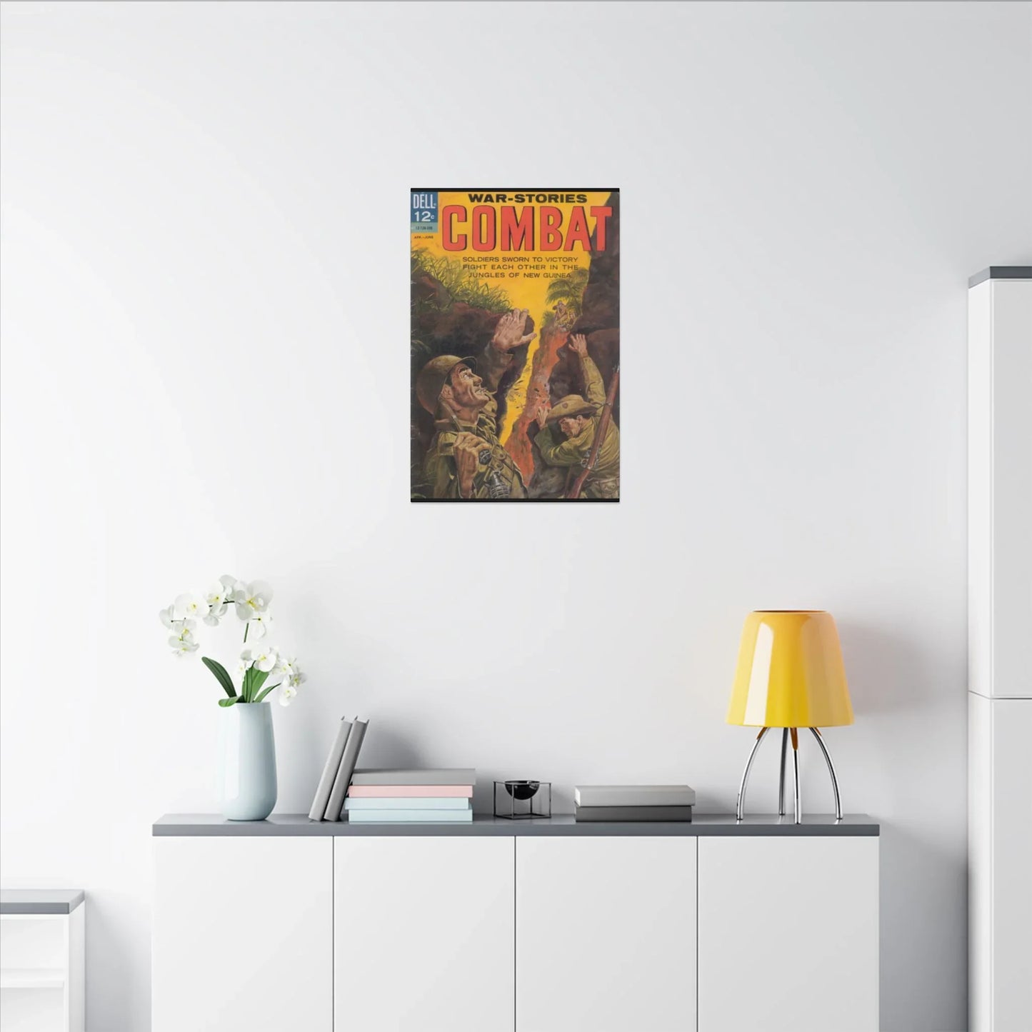 Close-up of textured canvas fabric showcasing June 1963 Combat design details and faded color nuances.