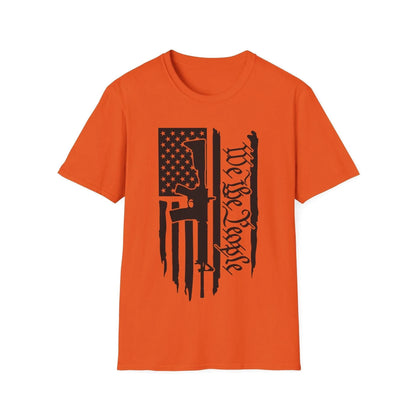 Close-up of the distressed black and white American flag print on the chest area, highlighting the faded vintage fabric