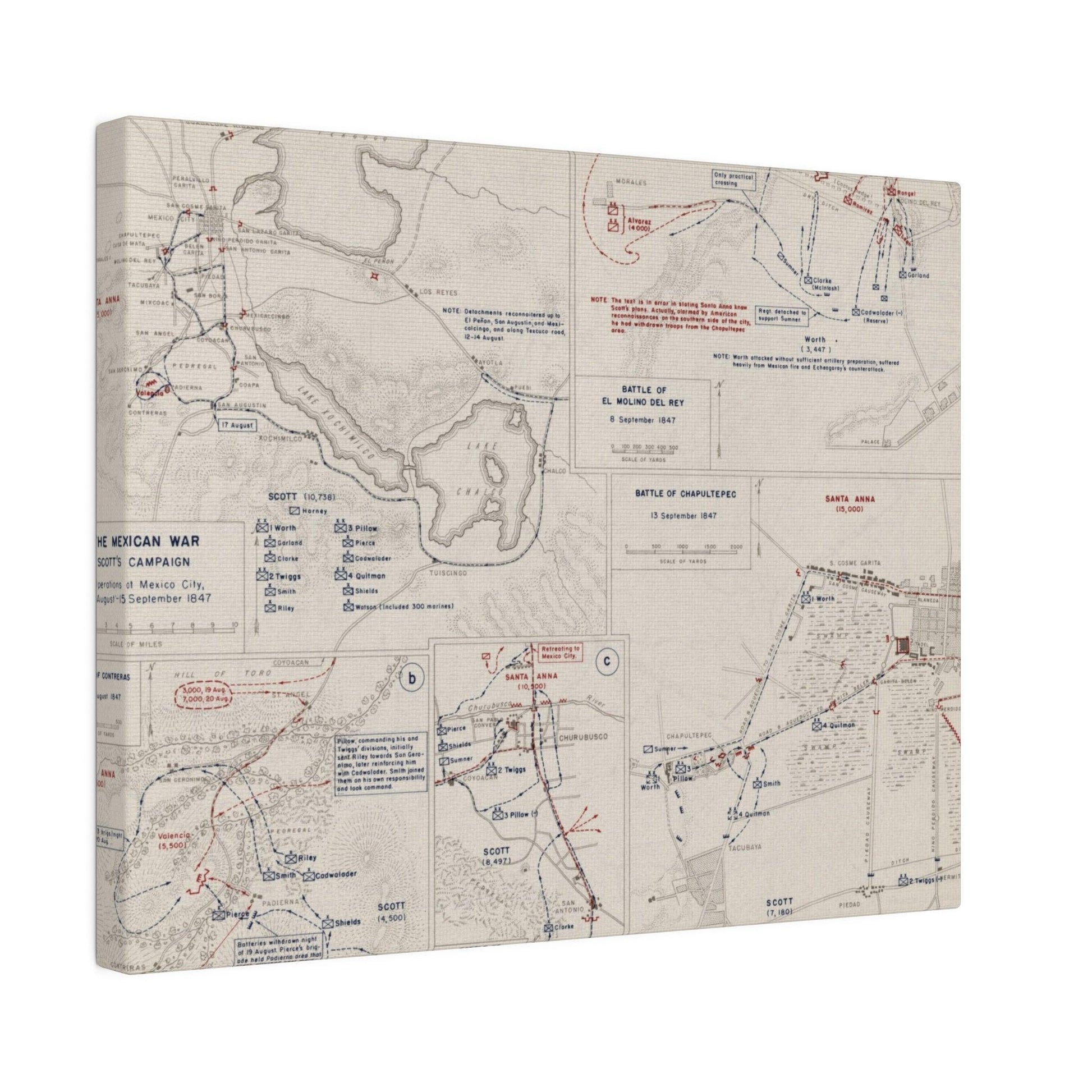 Close-up of textured canvas surface highlighting aged, faded colors depicting Scott's 1847 campaign scene from a lower angle.