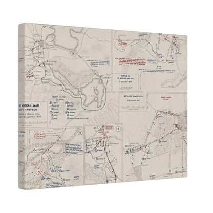 Close-up of textured canvas surface highlighting aged, faded colors depicting Scott's 1847 campaign scene from a lower angle.