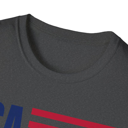 Close-up of the soft cotton fabric showing the vibrant American flag print and reinforced neckline detail on the T-shirt.