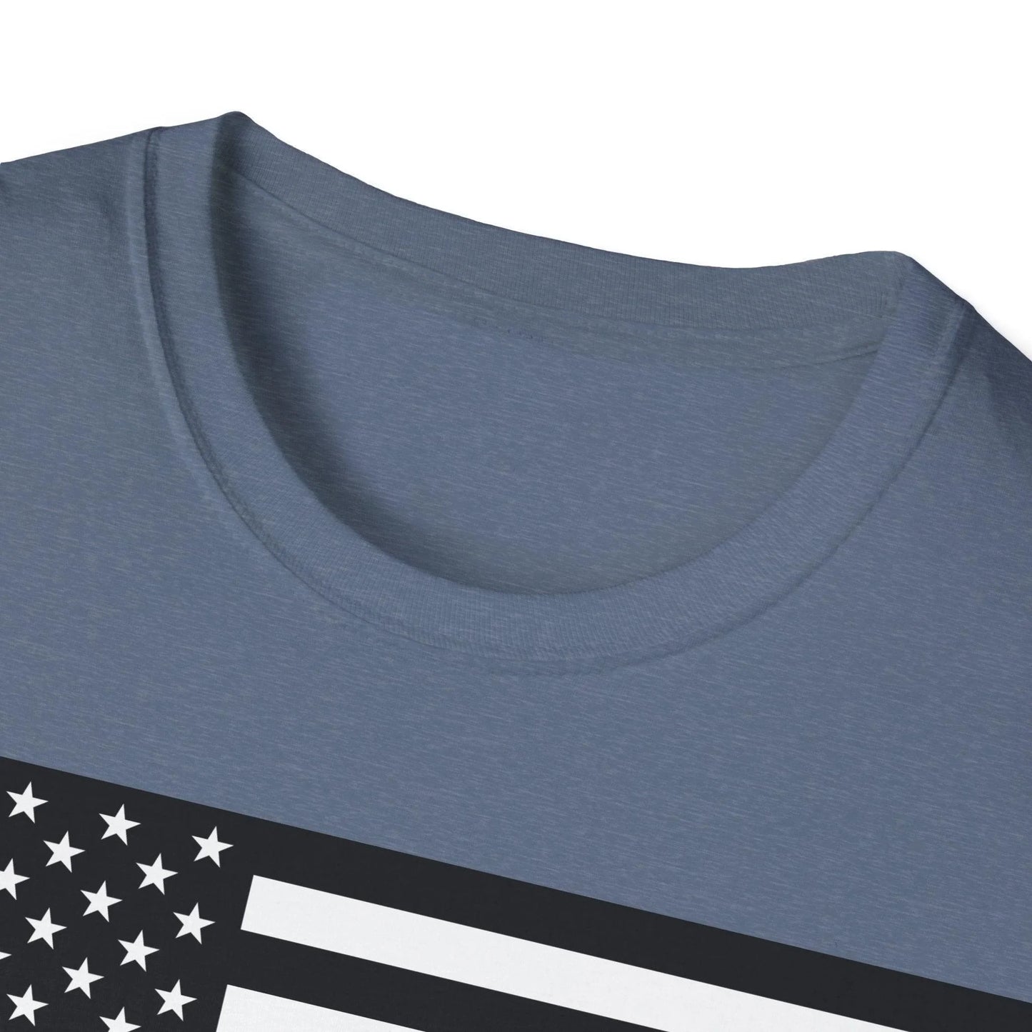 Close-up of the white crew neck collar and reinforced stitching on the black fabric of the American Flag Heartbeat T-Shirt